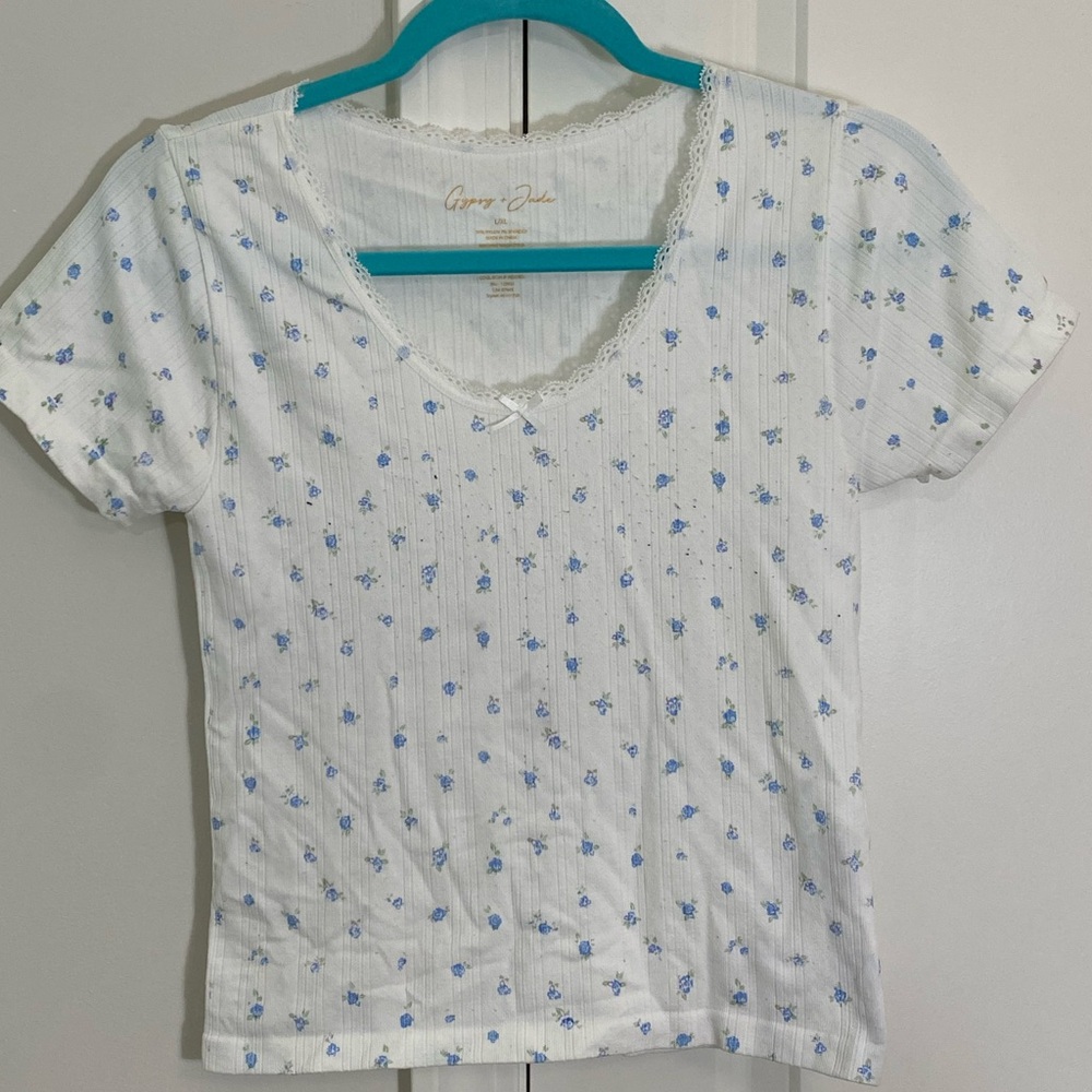 White and Blue Short Sleeve Tees with Floral Patterns